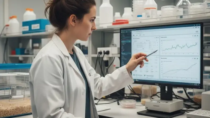 Scientist examining analytical graphs and measurement data on a computer screen