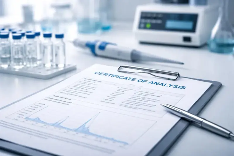 Certificate of Analysis document on a clipboard with laboratory glassware, sample vials and a pen on the desk