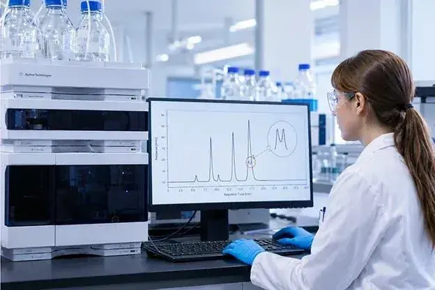 Laboratory researcher reviewing a chromatogram on a computer monitor beside analytical testing equipment