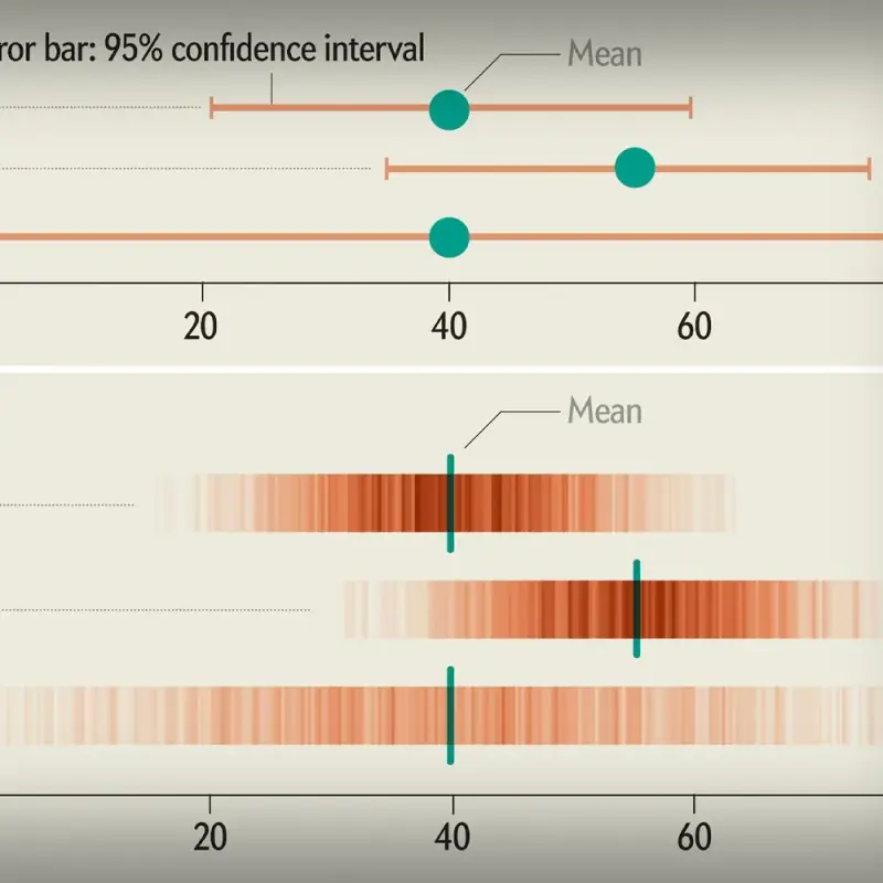 Statistical charts comparing mean values with horizontal error bars and shaded intervals.